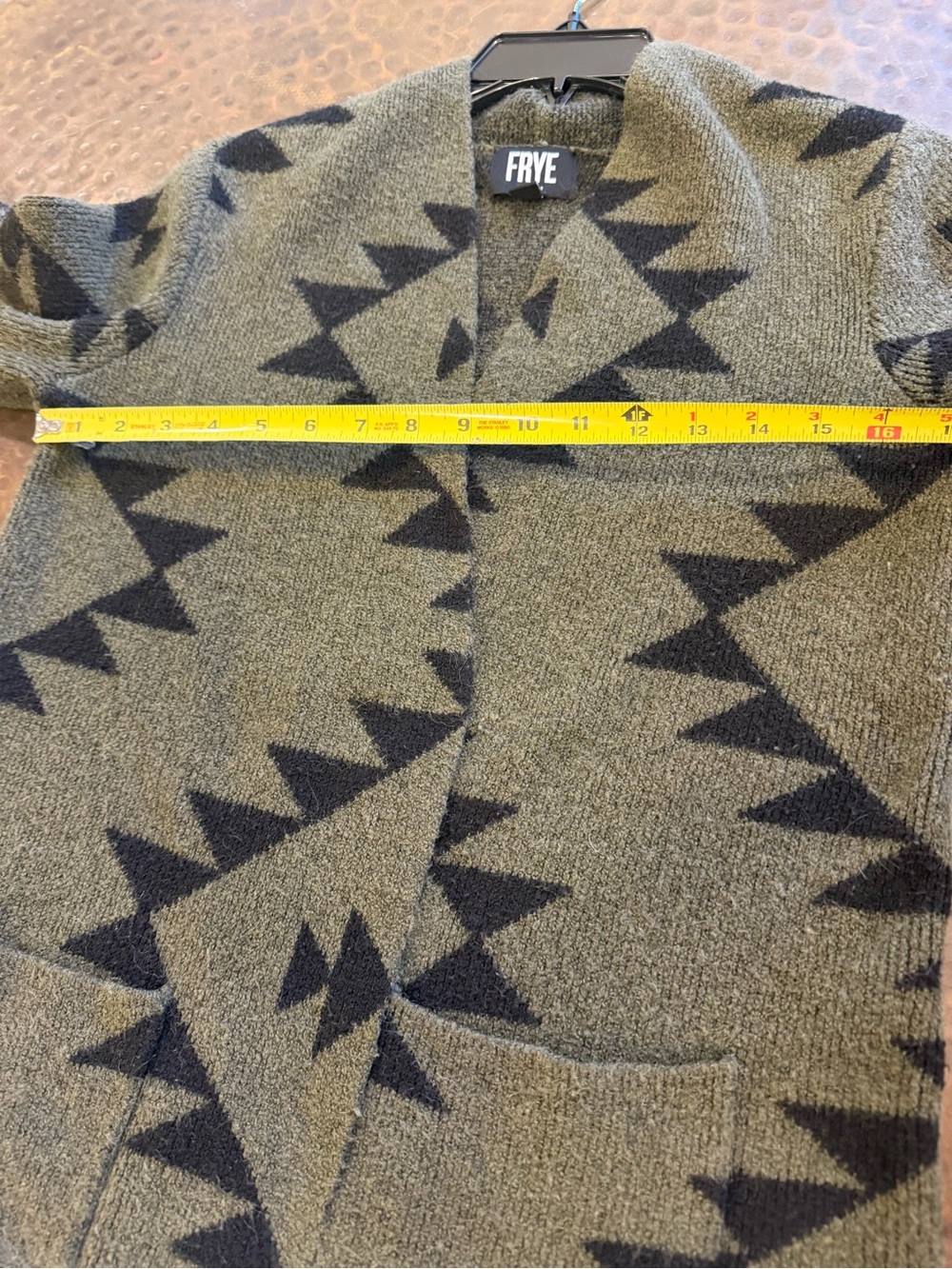 FRYE Olive and Black Southwestern Geometric Open-Front Cardigan - Picture 7 of 9